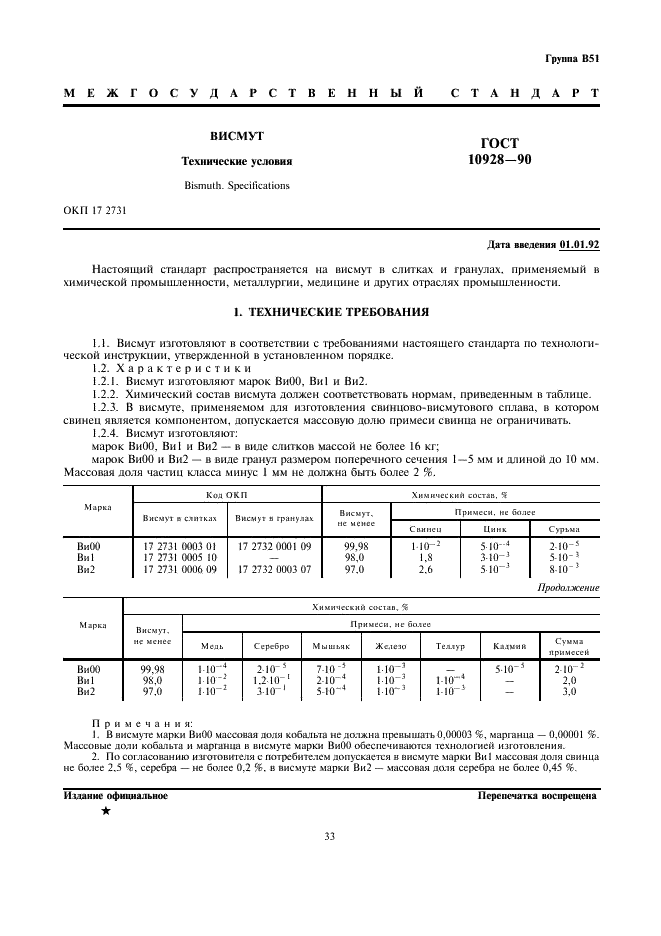 ГОСТ 10928-90 Висмут. Технические условия (фото 1 из 4)
