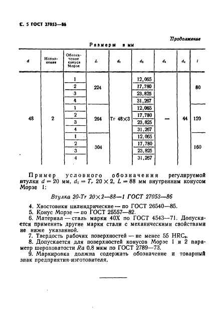 ГОСТ 27053-86 Станки металлорежущие с числовым программным управлением. Втулки переходные регулируемые с внутренним конусом Морзе и цилиндрическим хвостовиком. Основные размеры и технические требования (фото 6 из 8)