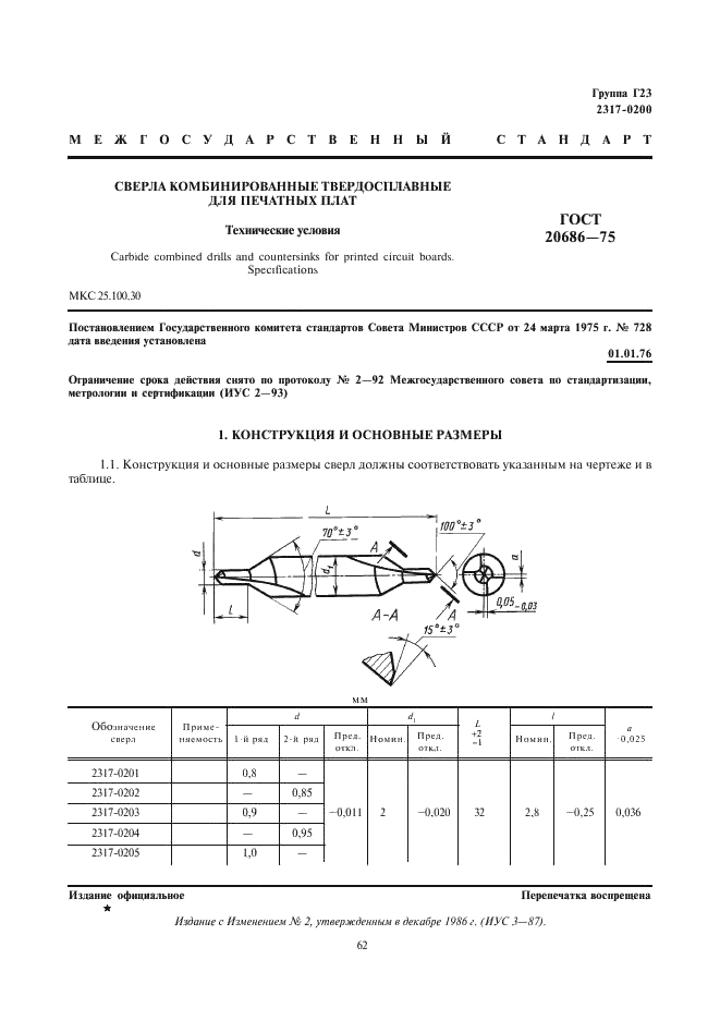 ГОСТ 20686-75 Сверла комбинированные твердосплавные для печатных плат. Технические условия (фото 1 из 4)