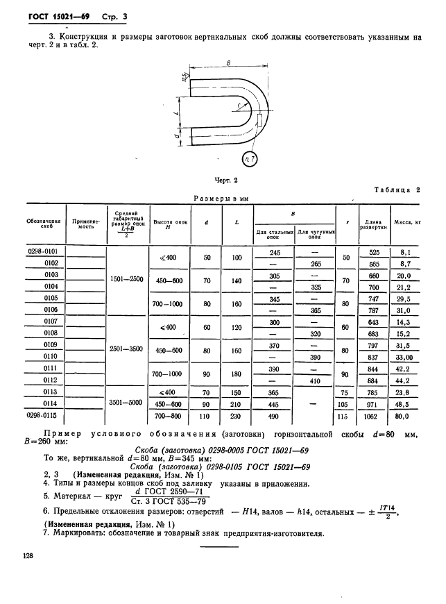 ГОСТ 15021-69 Скобы (заготовки) для литейных опок. Конструкция и размеры (фото 3 из 4)