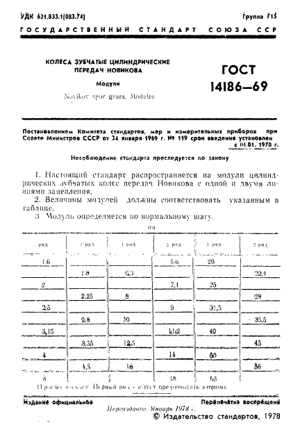 ГОСТ 14186-69 Колеса зубчатые цилиндрические передач типа Новикова. Модули (фото 2 из 3)