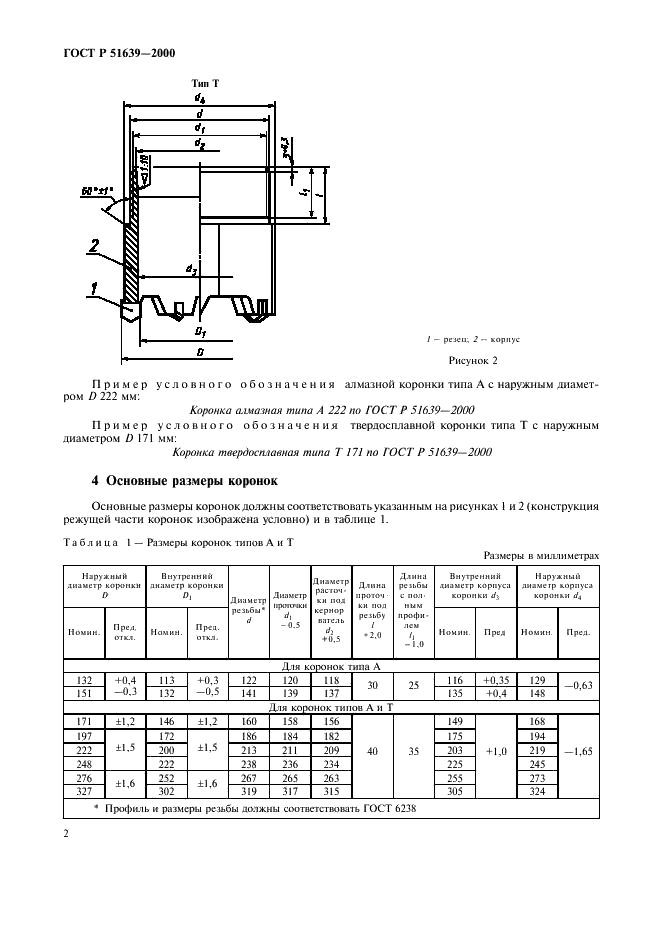 ГОСТ Р 51639-2000 Коронки для колонкового бурения скважин большого диаметра. Типы и основные размеры (фото 5 из 7)