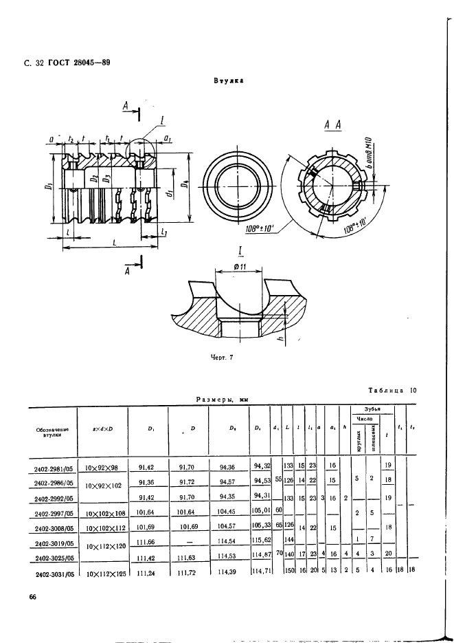 ГОСТ 28045-89 Протяжки сборные для десятишлицевых отверстий с прямобочным профилем с центрированием по внутреннему диаметру комбинированные переменного резания двухпроходные. Конструкция (фото 32 из 53)
