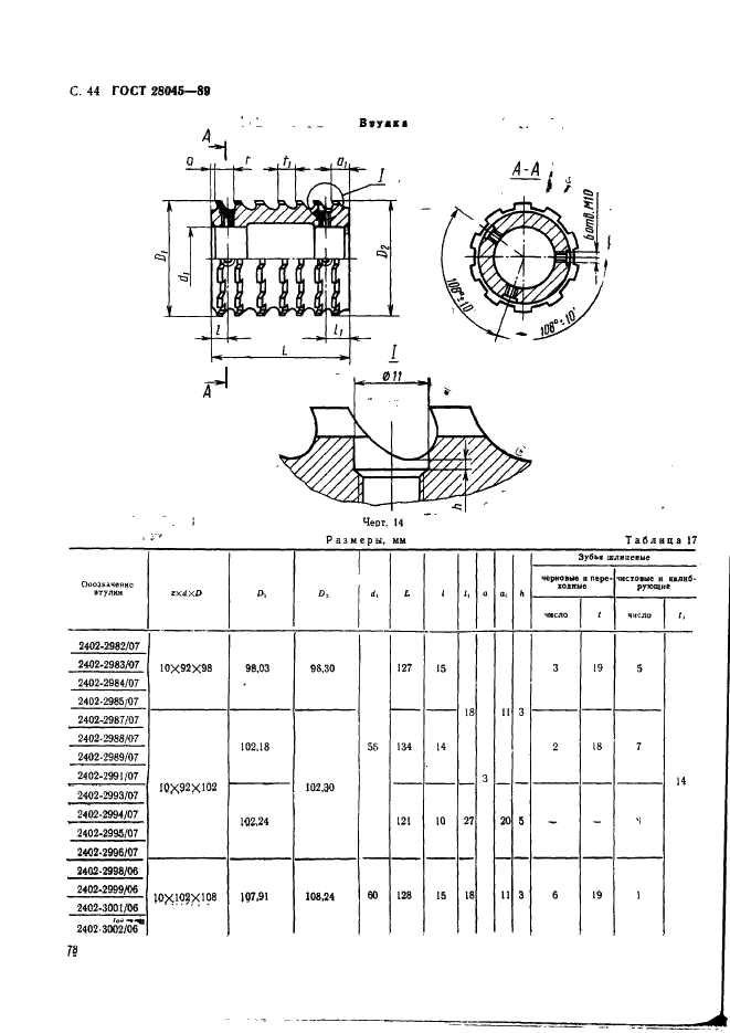 ГОСТ 28045-89 Протяжки сборные для десятишлицевых отверстий с прямобочным профилем с центрированием по внутреннему диаметру комбинированные переменного резания двухпроходные. Конструкция (фото 44 из 53)