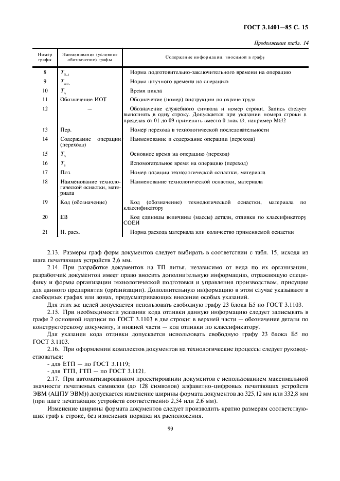 ГОСТ 3.1401-85 Единая система технологической документации. Формы и правила оформления документов на технологические процессы литья (фото 16 из 38)