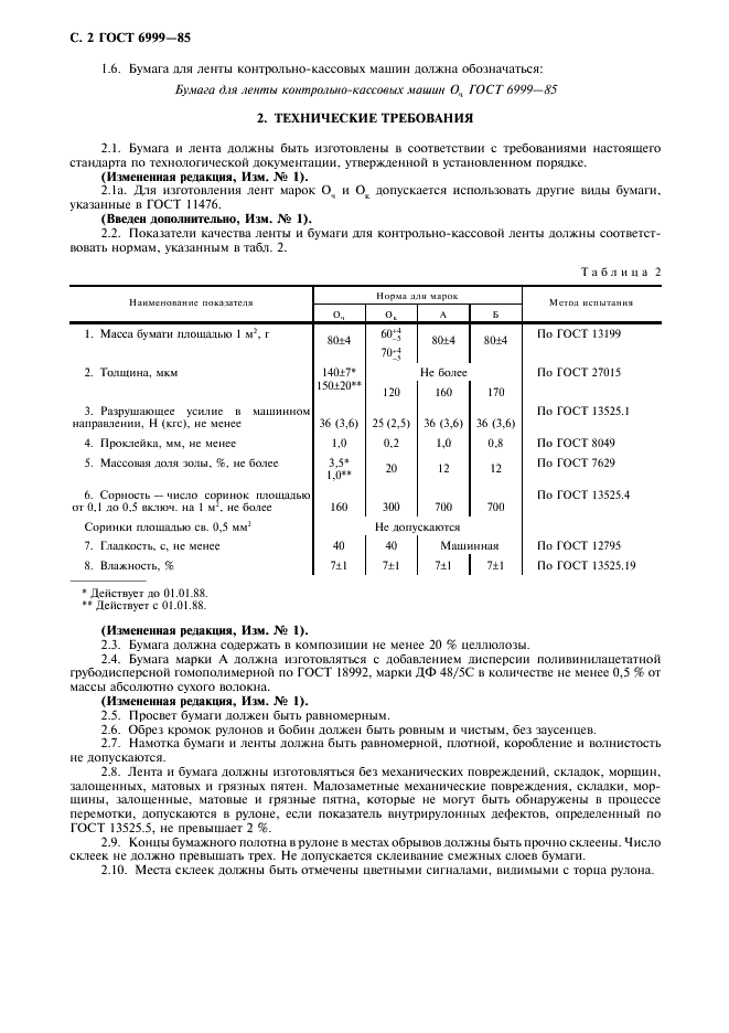 ГОСТ 6999-85 Лента и бумага для контрольно-кассовых и контрольно-регистрирующих машин. Технические условия (фото 3 из 6)