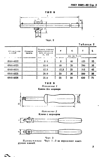 ГОСТ 25601-83 Ключи с присоединительными квадратами. Типы и основные размеры (фото 2 из 3)