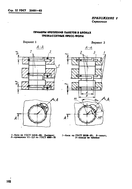 ГОСТ 25481-82 Пакеты трехкассетных пресс-форм для изготовления резинотканевых опорных колец. Конструкция и размеры (фото 32 из 38)