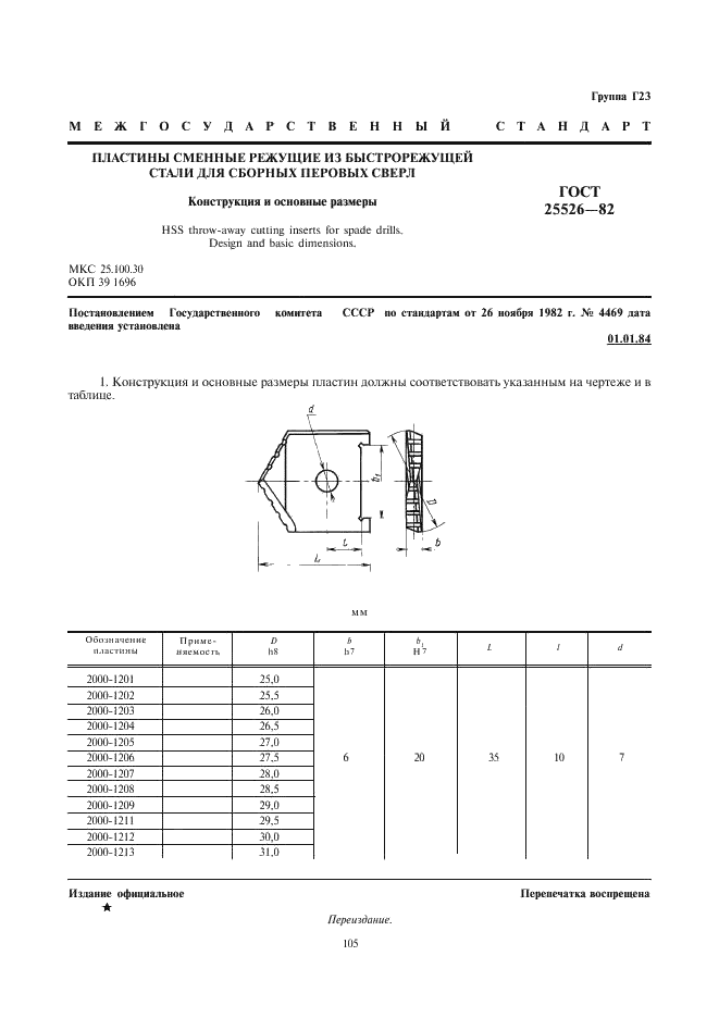 ГОСТ 25526-82 Пластины сменные режущие из быстрорежущей стали для сборных перовых сверл. Конструкция и основные размеры (фото 1 из 7)