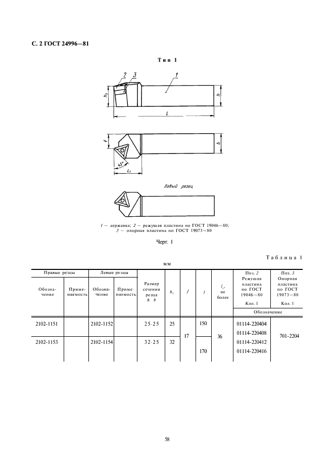 ГОСТ 24996-81 Резцы токарные с механическим креплением сменных пластин, закрепляемых качающимся штифтом. Типы и основные размеры (фото 2 из 15)