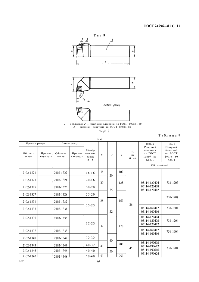 ГОСТ 24996-81 Резцы токарные с механическим креплением сменных пластин, закрепляемых качающимся штифтом. Типы и основные размеры (фото 11 из 15)