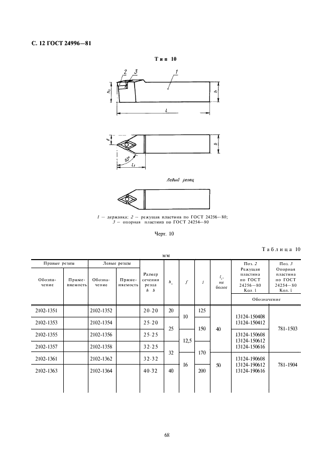 ГОСТ 24996-81 Резцы токарные с механическим креплением сменных пластин, закрепляемых качающимся штифтом. Типы и основные размеры (фото 12 из 15)