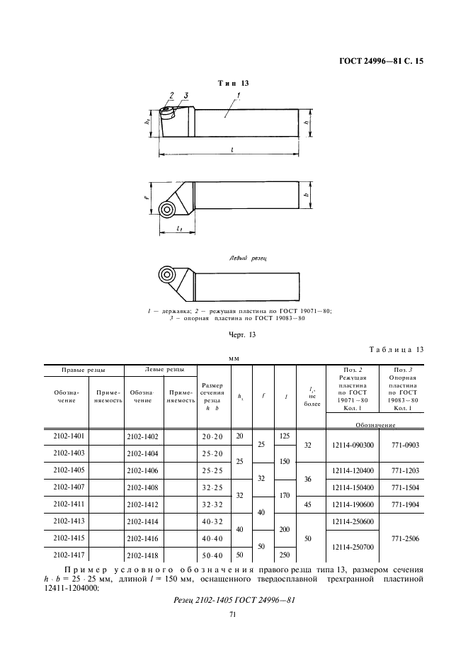 ГОСТ 24996-81 Резцы токарные с механическим креплением сменных пластин, закрепляемых качающимся штифтом. Типы и основные размеры (фото 15 из 15)