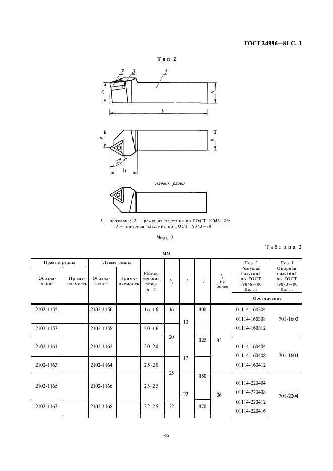 ГОСТ 24996-81 Резцы токарные с механическим креплением сменных пластин, закрепляемых качающимся штифтом. Типы и основные размеры (фото 3 из 15)