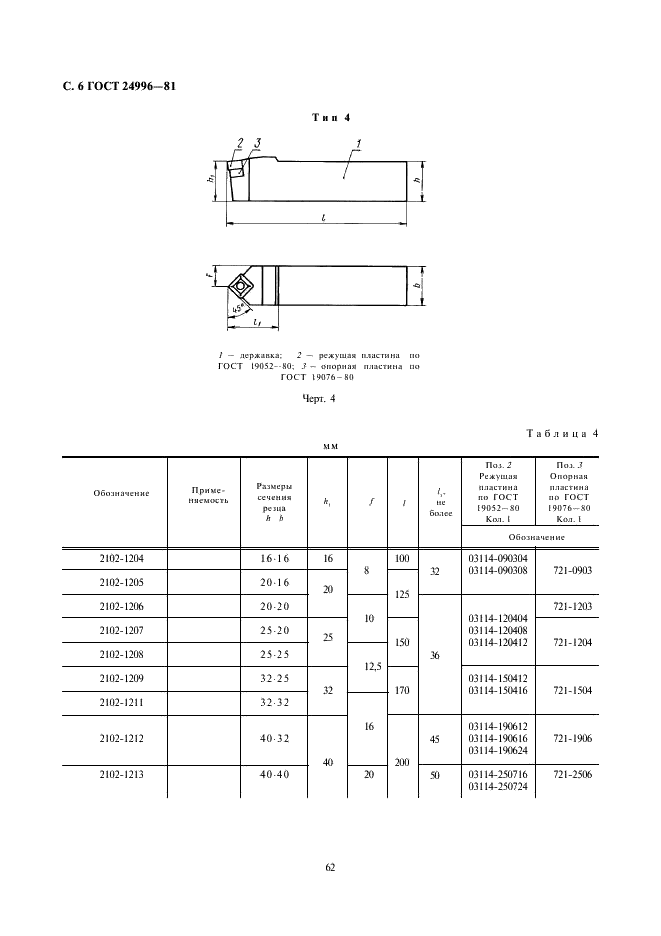 ГОСТ 24996-81 Резцы токарные с механическим креплением сменных пластин, закрепляемых качающимся штифтом. Типы и основные размеры (фото 6 из 15)