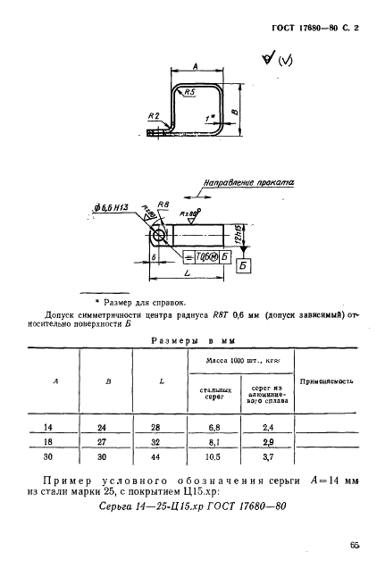 ГОСТ 17680-80 Серьги облегченные для крепления кабелей. Конструкция и размеры (фото 2 из 5)