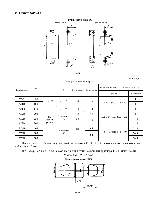 ГОСТ 5087-80 Ручки для окон и дверей. Типы и основные размеры (фото 3 из 6)