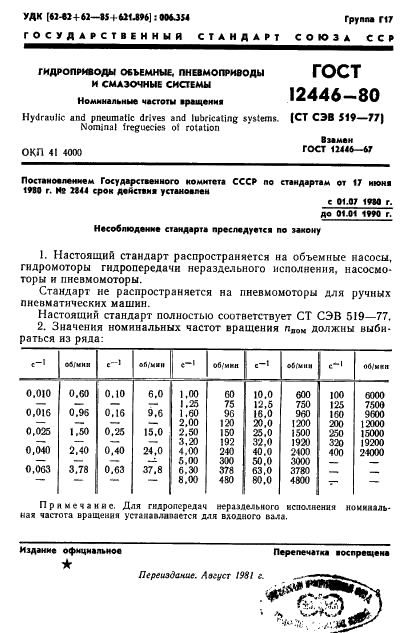 ГОСТ 12446-80 Гидроприводы объемные, пневмоприводы и смазочные системы. Номинальные частоты вращения (фото 1 из 2)
