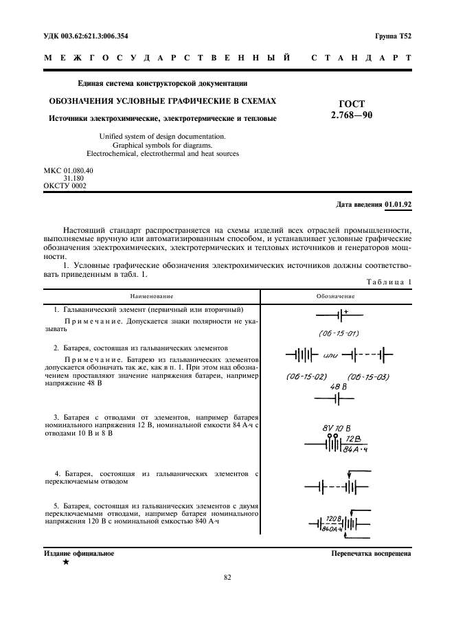 ГОСТ 2.768-90 Единая система конструкторской документации. Обозначения условные графические в схемах. Источники электрохимические, электротермические и тепловые (фото 1 из 5)