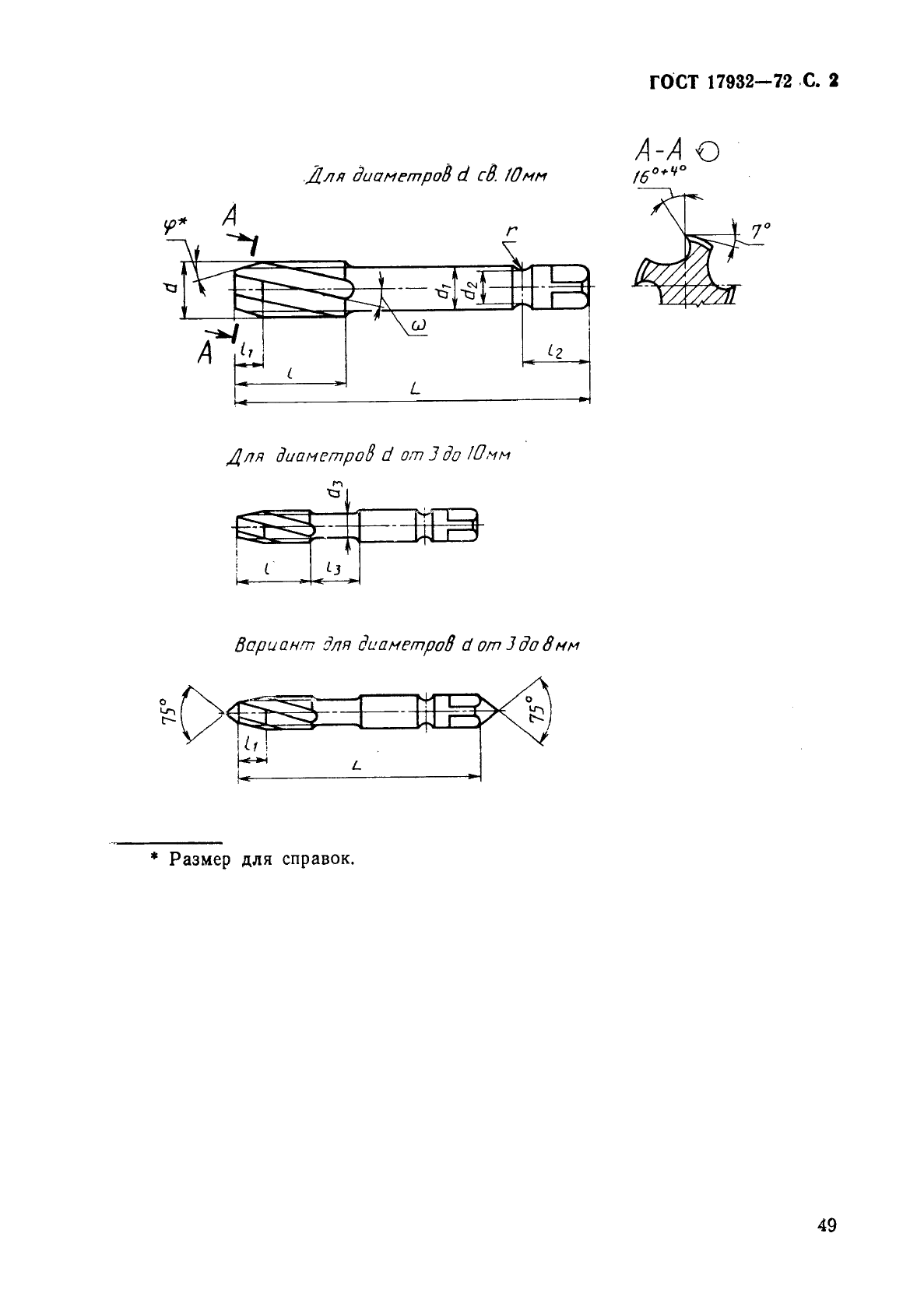 ГОСТ 17932-72 Метчики машинные с винтовыми канавками для обработки легких сплавов. Конструкция и размеры (фото 2 из 13)