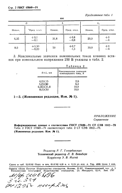 ГОСТ 17049-71 Вставки плавкие на номинальные токи до 10 А. Габаритные размеры (фото 3 из 3)