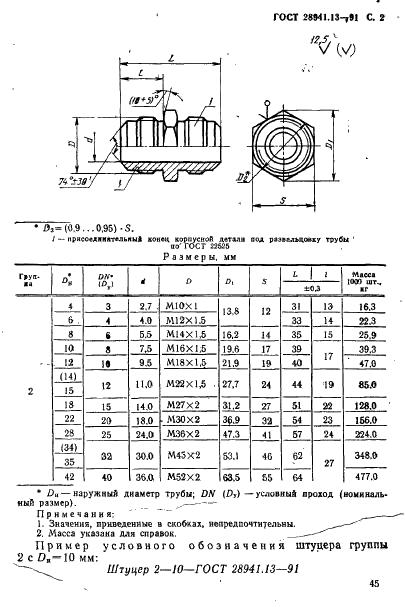 ГОСТ 28941.13-91 Соединения трубопроводов с развальцовкой трубы. Штуцера проходные. Конструкция (фото 2 из 3)