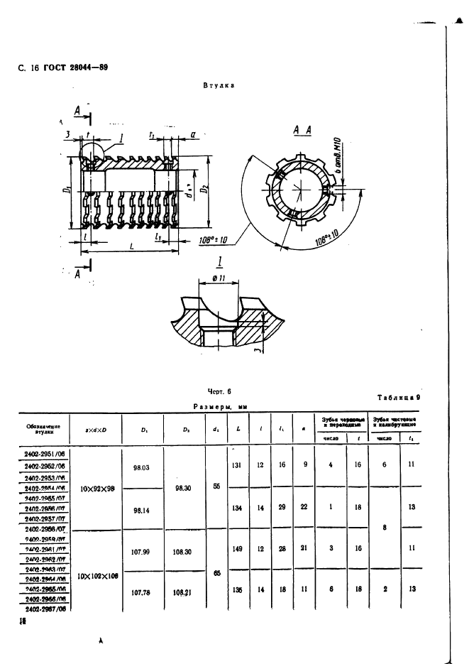 ГОСТ 28044-89 Протяжки сборные для десятишлицевых отверстий с прямобочным профилем с центрированием по внутреннему диаметру комбинированные переменного резания. Конструкция (фото 19 из 35)