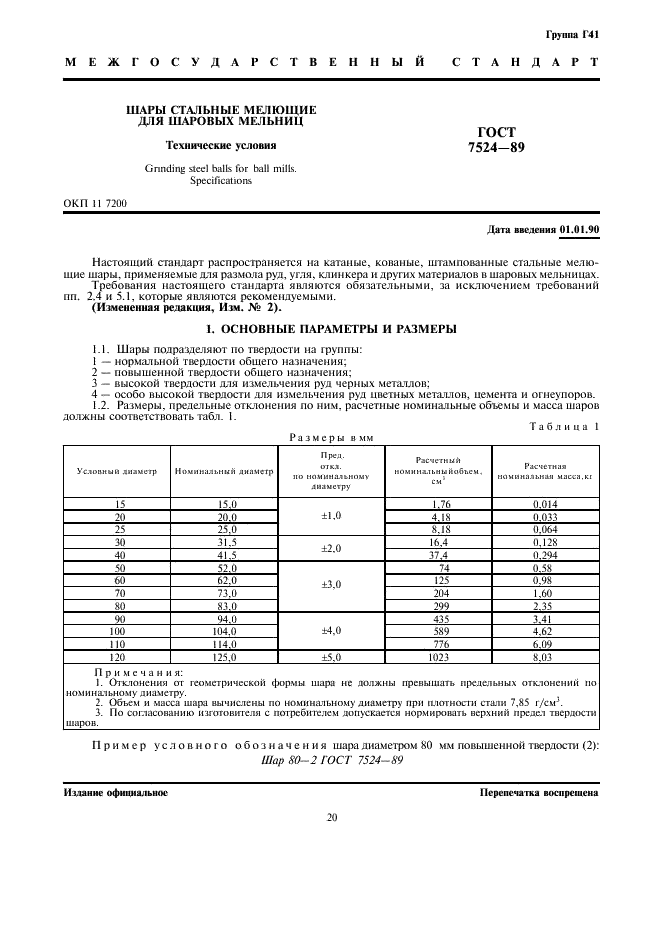 ГОСТ 7524-89 Шары стальные мелющие для шаровых мельниц. Технические условия (фото 1 из 4)
