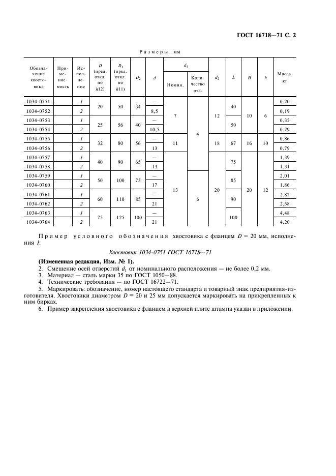 ГОСТ 16718-71 Хвостовики с фланцем для штампов листовой штамповки. Конструкция и размеры (фото 3 из 4)