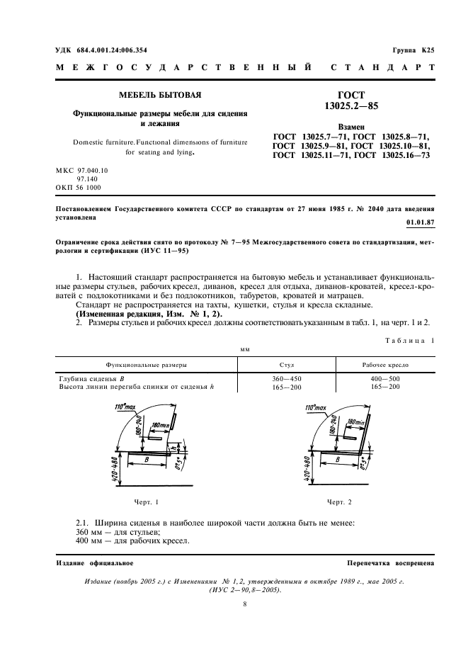 ГОСТ 13025.2-85 Мебель бытовая. Функциональные размеры мебели для сидения и лежания (фото 1 из 3)