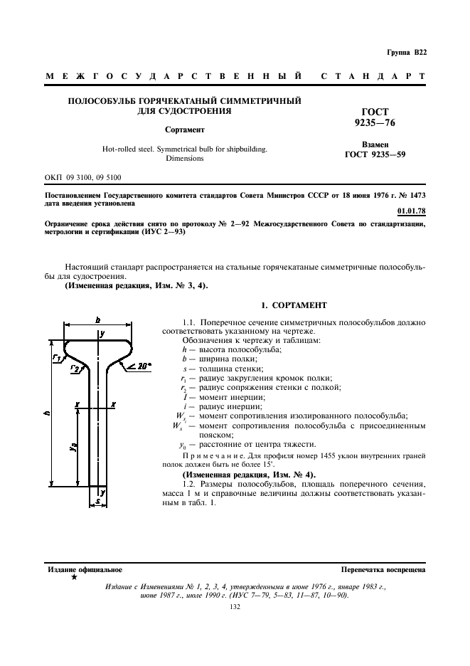 ГОСТ 9235-76 Полособульб горячекатаный симметричный для судостроения. Сортамент (фото 1 из 4)