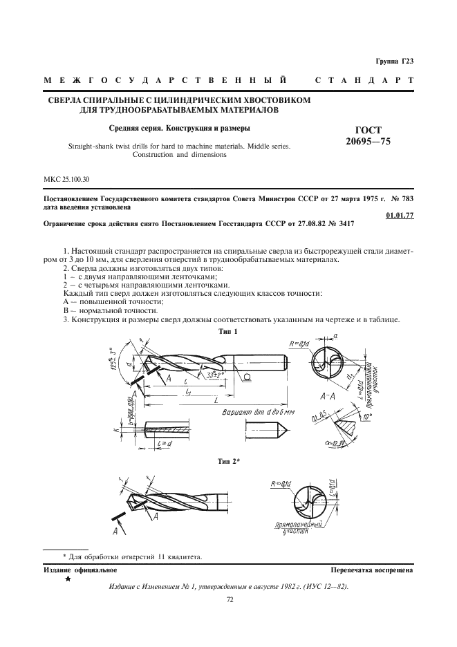 ГОСТ 20695-75 Сверла спиральные с цилиндрическим хвостовиком для труднообрабатываемых материалов. Средняя серия. Конструкция и размеры (фото 1 из 4)