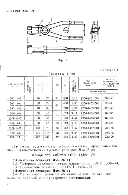ГОСТ 11392-75 Инструмент кузнечный для ручных и молотовых работ. Клещи продольные с прямоугольными губками. Конструкция и размеры (фото 2 из 6)