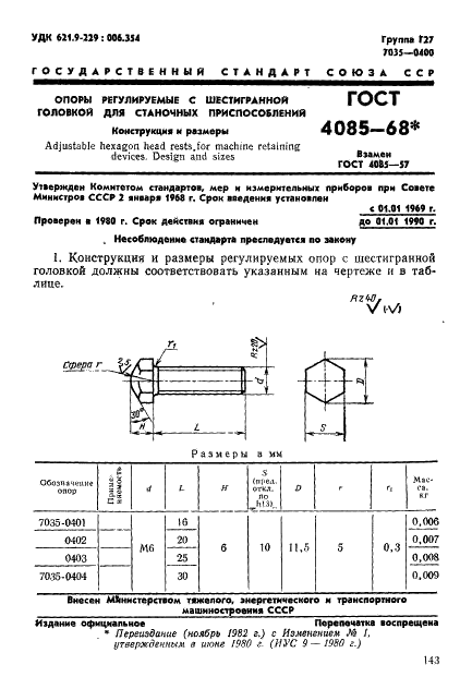 ГОСТ 4085-68 Опоры регулируемые с шестигранной головкой для станочных приспособлений. Конструкция (фото 1 из 7)