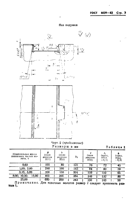 ГОСТ 6039-82 Молоты ковочные и штамповочные. Размеры элементов крепления штампов и бойков в бабе и подушке (фото 5 из 16)