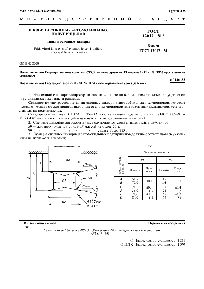 ГОСТ 12017-81 Шкворни сцепные автомобильных полуприцепов. Типы и основные размеры (фото 2 из 4)