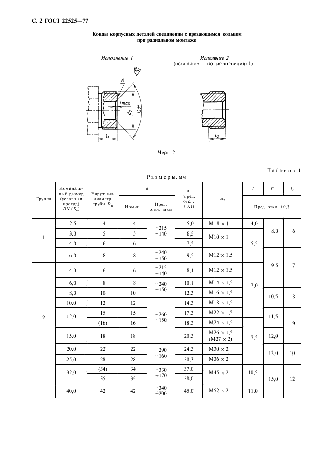 ГОСТ 22525-77 Соединения трубопроводов резьбовые. Концы корпусных деталей под накидные гайки. Конструкция (фото 4 из 8)