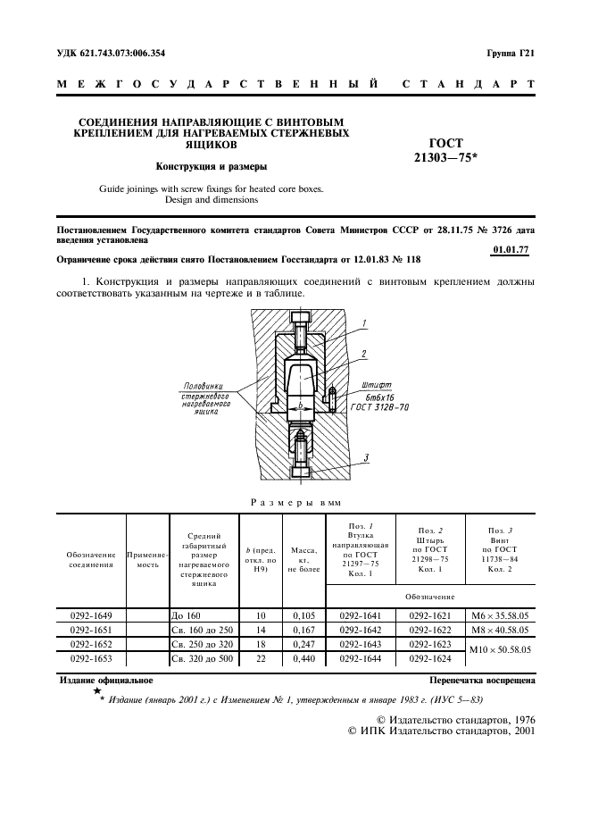 ГОСТ 21303-75 Соединения направляющие с винтовым креплением для нагреваемых стержневых ящиков. Конструкция и размеры (фото 2 из 4)