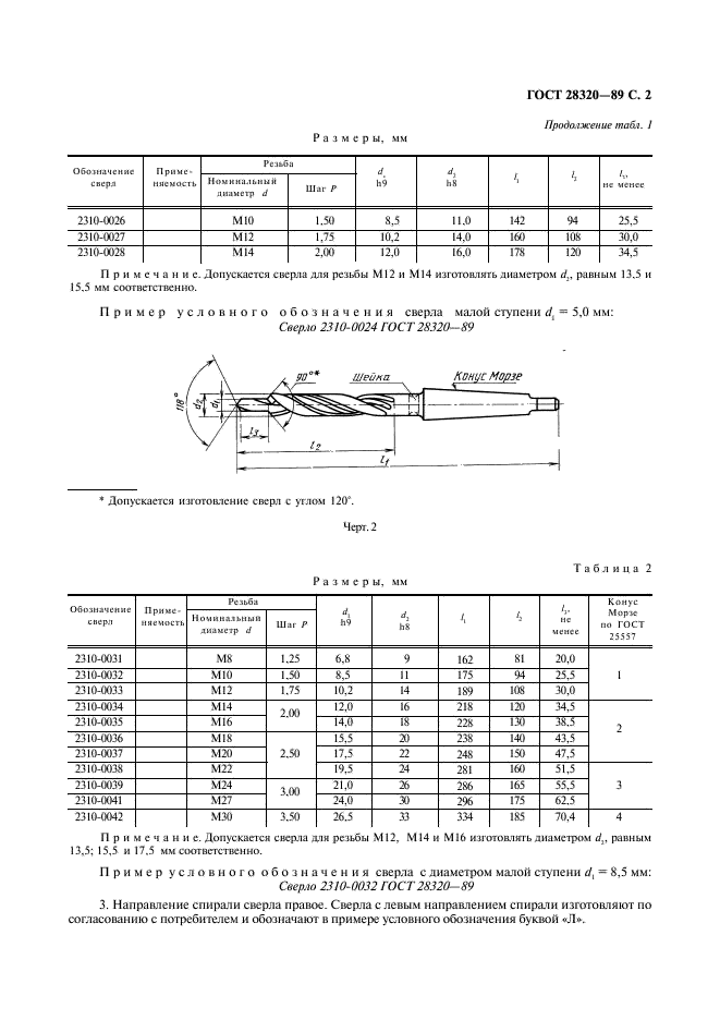 ГОСТ 28320-89 Сверла спиральные ступенчатые для отверстий под метрическую резьбу. Основные размеры (фото 3 из 4)