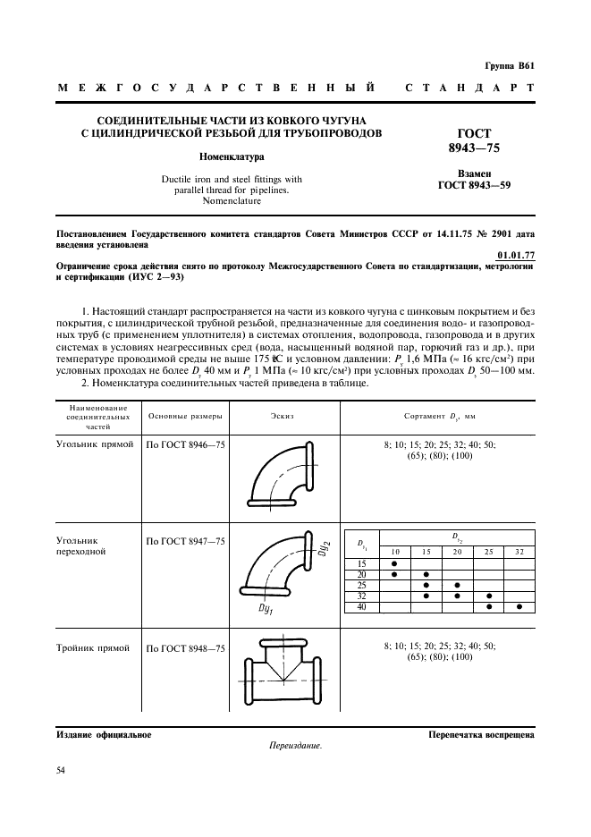 ГОСТ 8943-75 Соединительные части из ковкого чугуна с цилиндрической резьбой для трубопроводов. Номенклатура (фото 1 из 5)