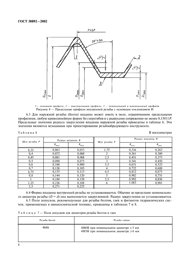 ГОСТ 30892-2002 Основные нормы взаимозаменяемости. Резьба метрическая с профилем MJ. Профиль, диаметры и шаги, допуски (фото 11 из 18)